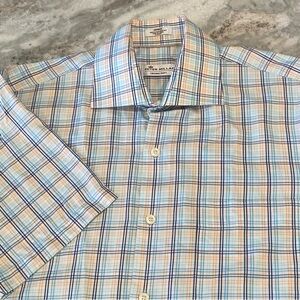 Peter Millar Crown Comfort Cotton Silk Blend Plaid Short Sleeve Shirt - Medium